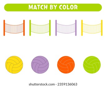 Match volleyball nets and balls by color. Educational game. Worksheets for kids