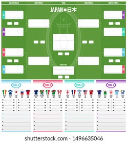 Match wall chart of rugby tournaments in Japan. Japanese text means Japan. 