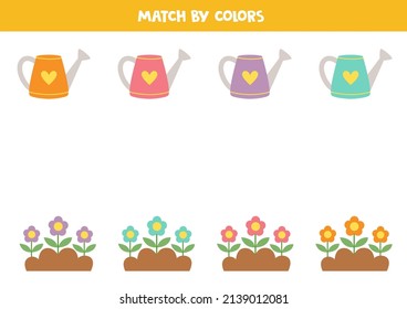 Die Dosen und die Blumenbeete sind farblich aufeinander abgestimmt. Lernlogisches Spiel für Kinder.