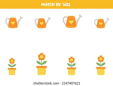 Match watering cans and flowers by size. Educational logical game for kids.