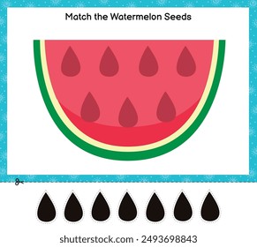 Match the watermelon seeds game for kids. Summer cut and glue activity page for school and preschool. Vector illustration