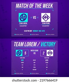 Match of the week, statistics screen, glassmorphism colorful background template. E sports background for game statistics, mvp, victory screen, versus, match result. Eps10 vector