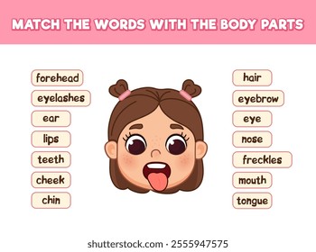 Match the words with the body parts. Anatomy of the girl's head. Parts of the face with names. Cute cartoon illustration. Children's game.