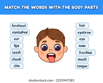 Match the words with the body parts. Anatomy of the boy's head. Parts of the face with names. Cute cartoon illustration. Children's game.