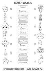 Match words with the correct pictures. Coloring page. Funny vegetables. Healthy food. Educational game for preschool kids. Learn English vocabulary. Name matching worksheet. Vector illustration.