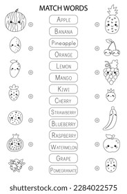 Match words with the correct pictures. Coloring page. Funny fruits and berries. Healthy food. Educational game for kids. Learn English vocabulary. Name matching worksheet. Vector illustration.