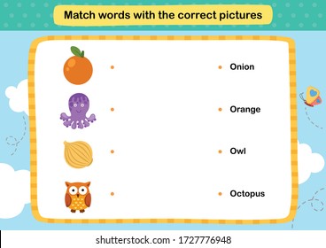 Match words with the correct pictures illustration, vector