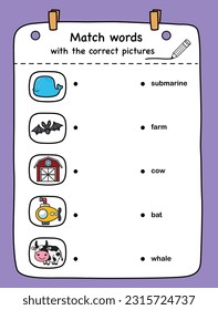 Match words with the correct pictures illustration, vector