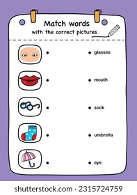 Match words with the correct pictures illustration, vector