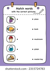 Match words with the correct pictures illustration, vector