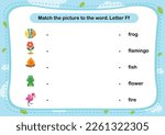 Match words with the correct pictures letter F illustration, vector