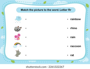 Match words with the correct pictures letter R illustration, vector