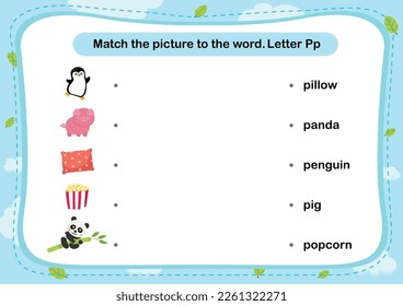 Match words with the correct pictures letter P illustration, vector