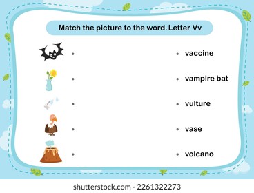Match words with the correct pictures letter V illustration, vector