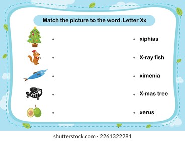 Match words with the correct pictures letter X illustration, vector