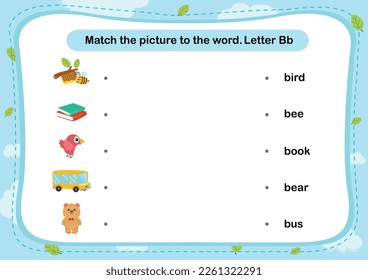 Match words with the correct pictures letter B illustration, vector