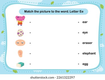 Match words with the correct pictures letter E illustration, vector