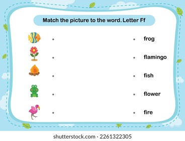 Match words with the correct pictures letter F illustration, vector