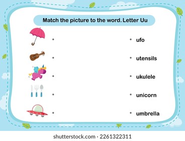Match words with the correct pictures letter U illustration, vector