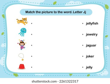 Match words with the correct pictures letter J illustration, vector