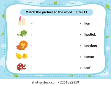 Match words with the correct pictures letter L illustration, vector