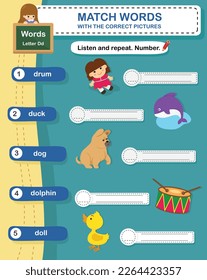 Match words with the correct pictures letter D illustration, vector
