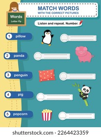 Match words with the correct pictures letter P illustration, vector