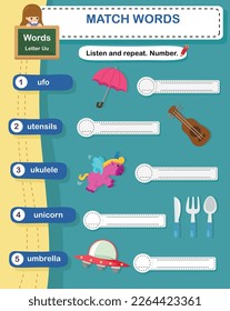 Match words with the correct pictures letter U illustration, vector
