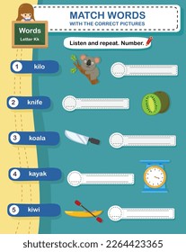 Match words with the correct pictures letter K illustration, vector