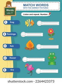 Match words with the correct pictures letter F illustration, vector