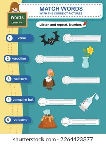 Match words with the correct pictures letter V illustration, vector