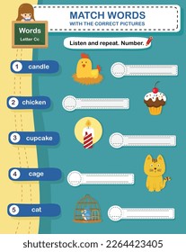Match words with the correct pictures letter C illustration, vector