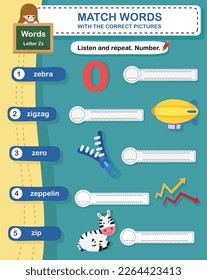 Match words with the correct pictures letter Z illustration, vector