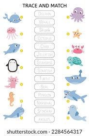 Match words with the correct pictures. Sea and ocean animals. Educational game for preschool kids. Learn English vocabulary. Name matching worksheet. Printable puzzle. Vector illustration.