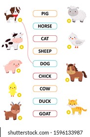 Match the words. Cute kawaii farm animals. Learn english vocabulary. Educational game for children. Activity worksheet. Vector cartoon characters.