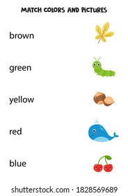 Match words with pictures. Educational game for kids. Learning and practicing colors. Printable worksheet for preschoolers.