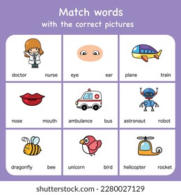 match words with pictures. Educational worksheet for preschool