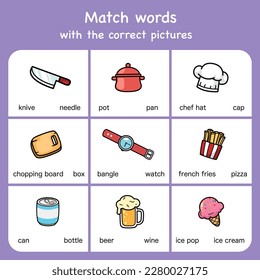match words with pictures. Educational worksheet for preschool