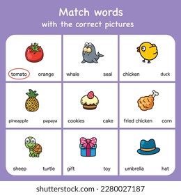 match words with pictures. Educational worksheet for preschool