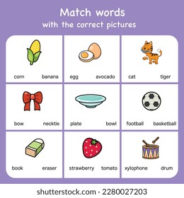 match words with pictures. Educational worksheet for preschool