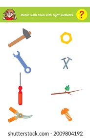 Match work tools with right elements, vector, worksheet,educational task for kids