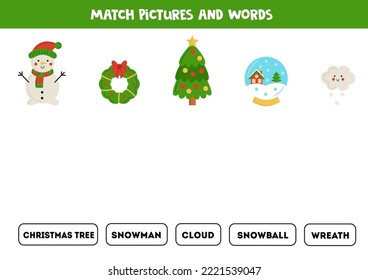 Match written words with Christmas elements. Educational spelling game for kids.