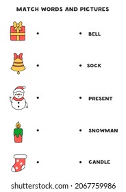 Match written words with Christmas pictures. Educational spelling game for kids.