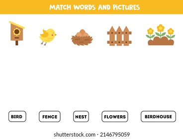 Match written words with cute spring pictures. Educational spelling game for kids.