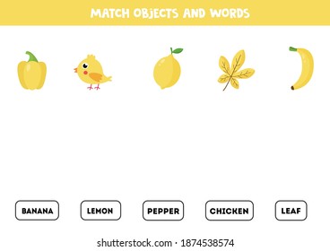 Match written words with orange colored pictures. Educational spelling game for kids.