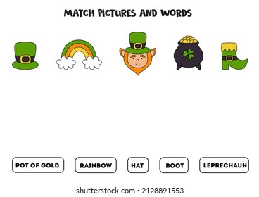 Match written words with Saint Patrick day pictures. Educational spelling game for kids.