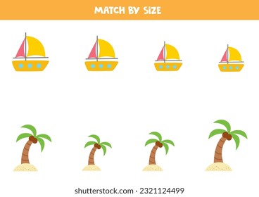 Match yachts and palms by size. Educational logical game for kids.