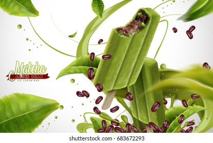 Matcha azuki bean ice cream bar ads with red bean paste filling in 3d illustration, flying ingredients