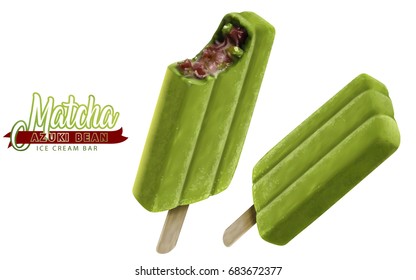 Matcha azuki bean ice cream mockup, close up look at ice cream bar isolated on white background in 3d illustration