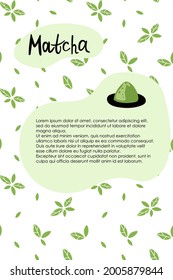 Matcha background. Hand drawn traditional japanese drink, powder green leaves, chinese green tea, trendy organic delicious beverage vector cartoon isolated banner with copy space